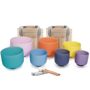 7-12 Inch 432hz Colored Chakra Frosted Quartz Crystal Singing Bowl Set